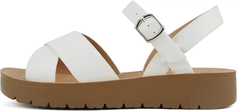 Soda CHESTER ~ Women Flat Sandals Flatform Ankle Buckle Criss Cross Band Straps Sandals Shoes (Gold Raffia, 5.5)