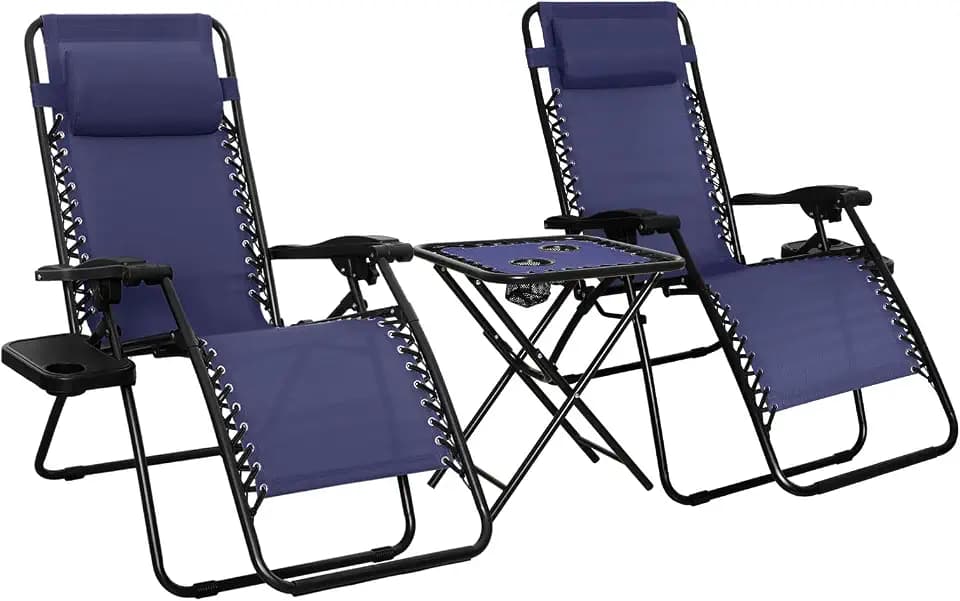 Amazon Basics Outdoor Adjustable Zero Gravity Folding Reclining Lounge Chair with Cup Holder, Headrest Pillow, Detachable Side Table, Weather Resistant, Set of 2, Blue