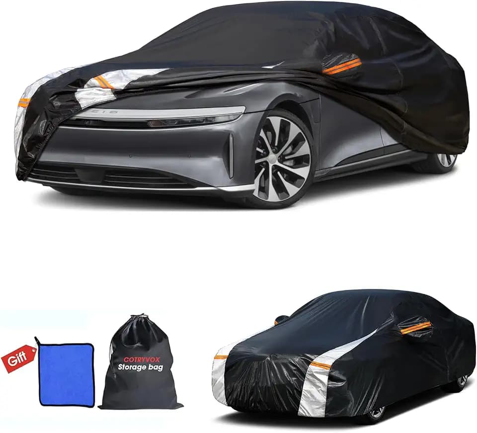 Multi-Layer Car Cover Custom Fit for Lucid Air(EV) (2021-2026), 100% Waterproof All Weather for Automobiles, Gift with Towel, Heavy Duty Car Covers for Rain Sun UV Protection with Door Zipper.