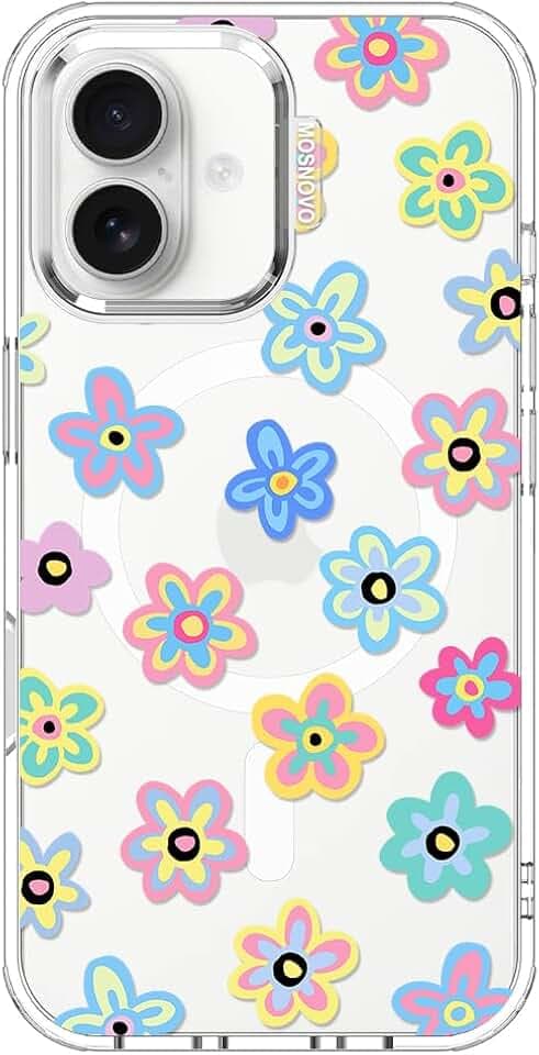 MOSNOVO Case for iPhone 16, [Compatible with Magsafe] [Buffertech 6.6ft Military-Grade Drop Protection] [Anti Peel Off Tech] Clear Phone Case Design - Groovy Flower