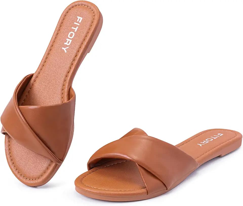 FITORY Women's Sandals Flat Slip On Leather Summer Slide Size 4-9 UK
