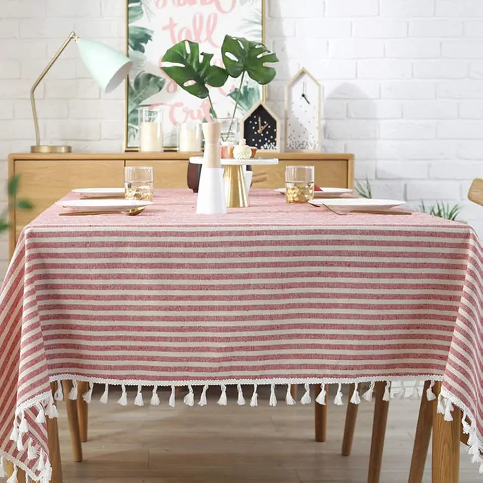 AMZALI Stripe Tassel Tablecloth Cotton Linen Stain Resistant/Dust-Proof Waterproof Table Cover for Kitchen Dinning Tabletop Decoration (Rectangle/Oblong,55 x 55 Inch, Red)
