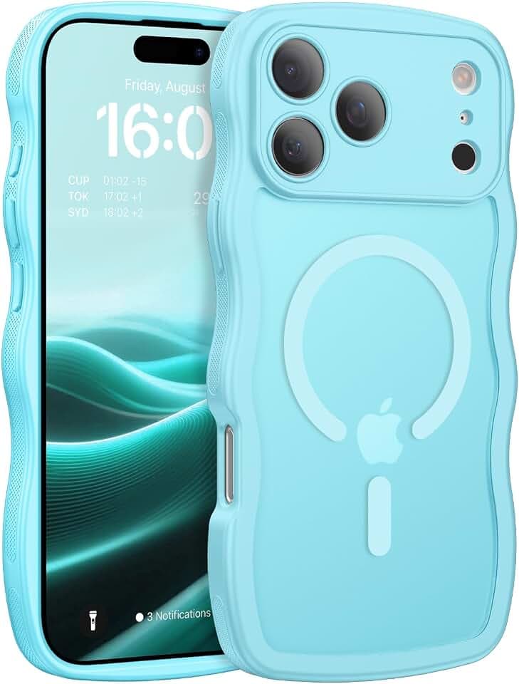 BENTOBEN Magnetic for iPhone 17 Pro Max Case, Cute Wavy [Full Camera Protection][Compatible with MagSafe] Matte Anti-Slip Bumper Women Girls Boys Protective Cover for 17 ProMax 6.9" 2025, Sky Blue