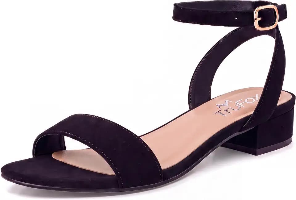 TruFox Women Nude Black Silver Sandals Open Toe 1 Inch Low Block Heel