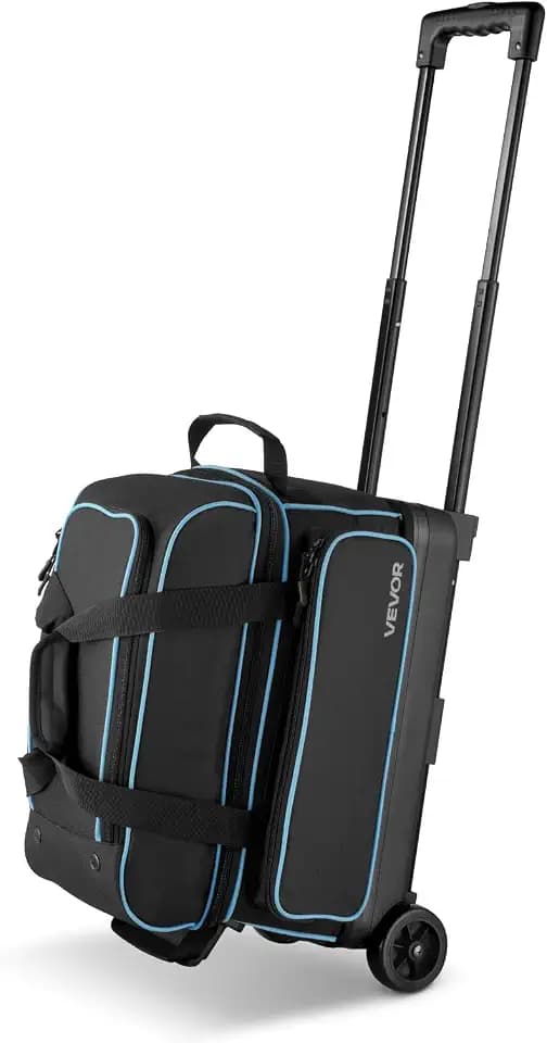 VEVOR Bowlingballtasche für 3 Bälle mit Doppelrollen & separatem Fach für Schuhe (bis US-Größe 16) & übergroßer Zubehörtasche, einziehbarer Griff lässt Sich auf 105 cm ausziehen Schwarz + Blau