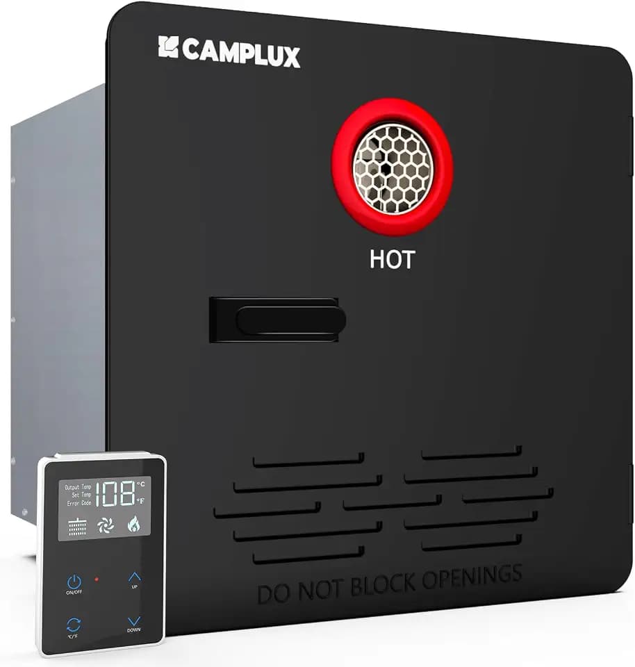CAMPLUX RV Tankless Water Heater, 65,000 BTU Hot Water Heater, 2.64GPM RV Water Heater with Door and Remote Controller, High Altitude Performance, Ideal for RVers' Everyday Use, Black