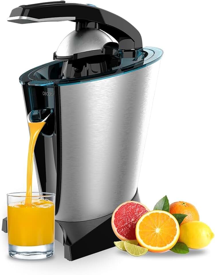 Cecotec Elektrische Arm-Zitruspresse EssentialVita Hyden 600 Steel. 600 W, Edelstahlsieb, 2 abnehmbare Kegel, Druckhebel, Tropfschutzsystem, Spülmaschinenfest