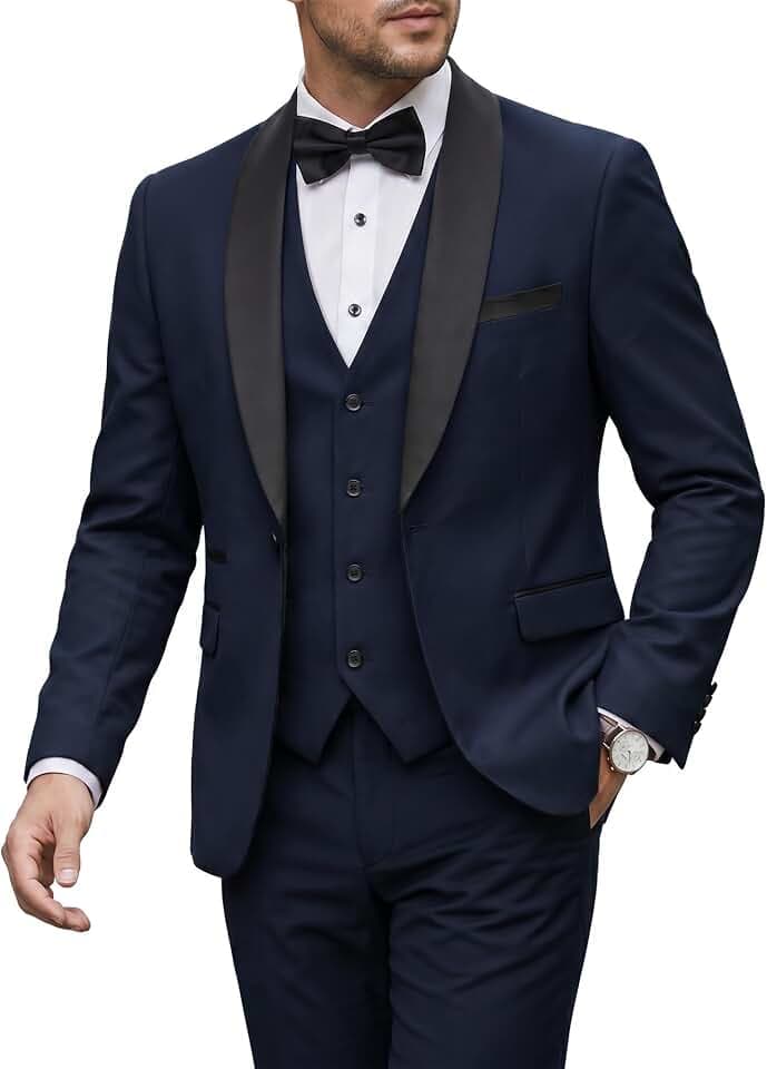 MY'S Men's 3 Piece Tuxedo Set with Tie, Shawl Lapel Suit Blazer Vest Pants