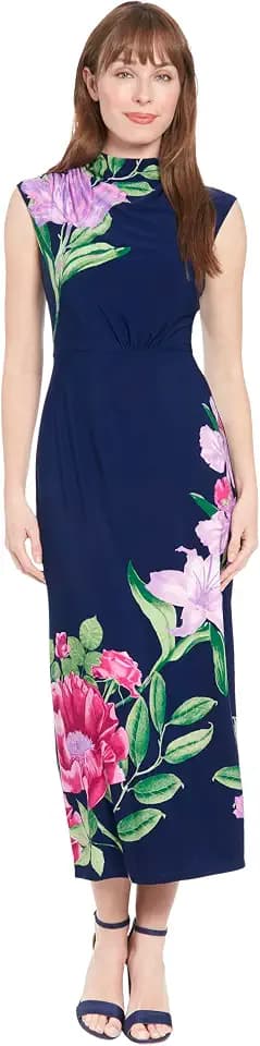 London Times Women's High Neck Sleeveless Midi Cocktail Dress for Women | Wedding Guest Dresses for Women