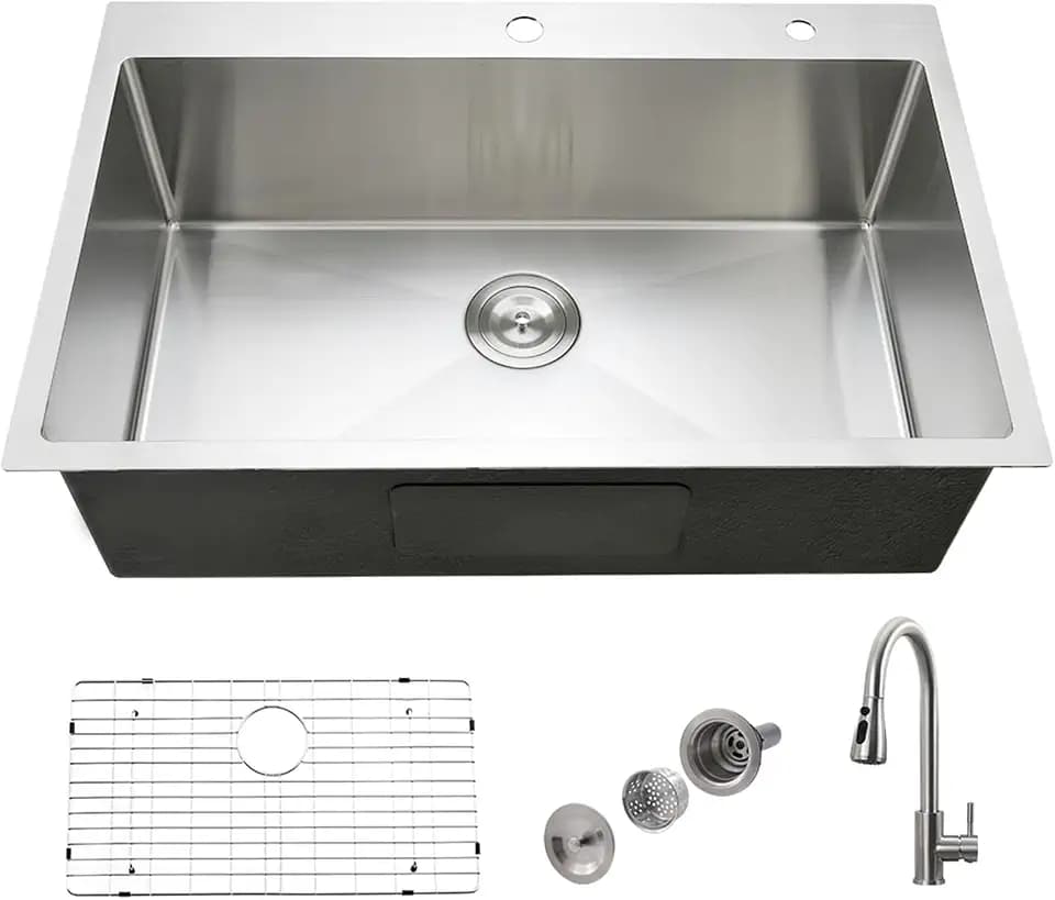33x22 Drop In Kitchen Sink with Faucet Stainless Steel Top Mount 18 Gauge Handmade Single Bowl Deep Sink with Accessories