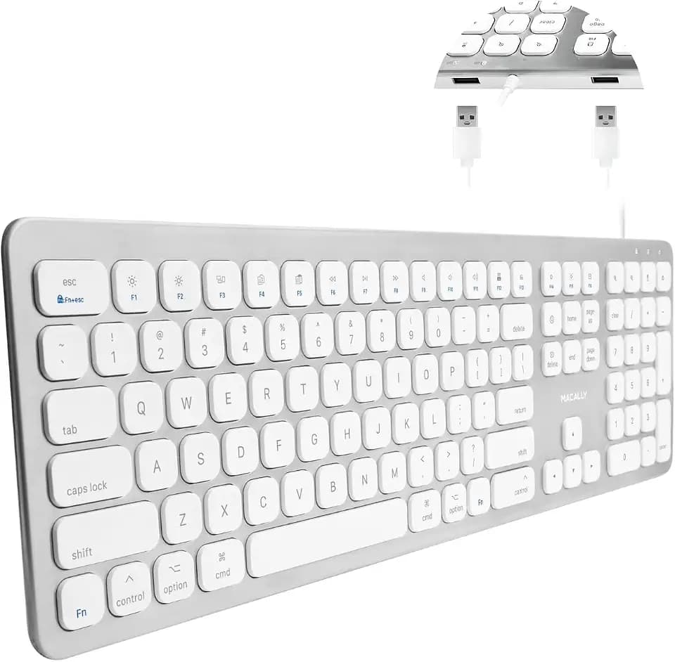 Macally Wired Keyboard for Mac with USB Ports for Mouse - Compatible Apple Keyboard for MacBook Pro/Air, iMac - Aluminum Frame