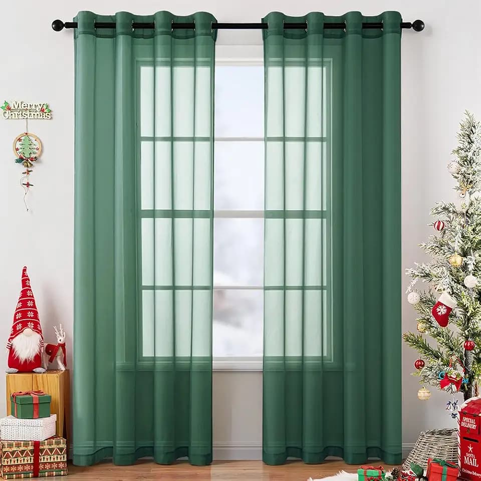 MIULEE Christmas Solid Color Sheer Curtains 84 Inches Long 2 Panels Set Elegant Lightweight Grommet Light Filtering Window Voile Panels/Drapes/Treatment for Bedroom Living Room W54 x L84, Hunter Green