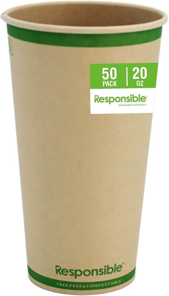 Responsible Products Certified Compostable 20 oz Paper Cups, Cold ＆ Hot Coffee Cups, Disposable Paper Cups, Extra Strength Disposable Cups, Made without PFAS (50 count)
