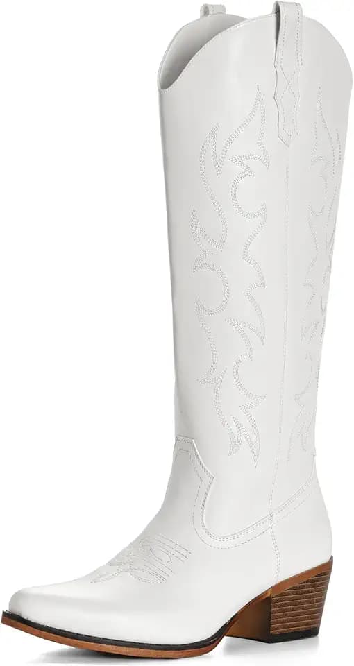 IUV Knee High Cowboy Boots for Women-Wide Calf Embroidered Cowgirl Boots