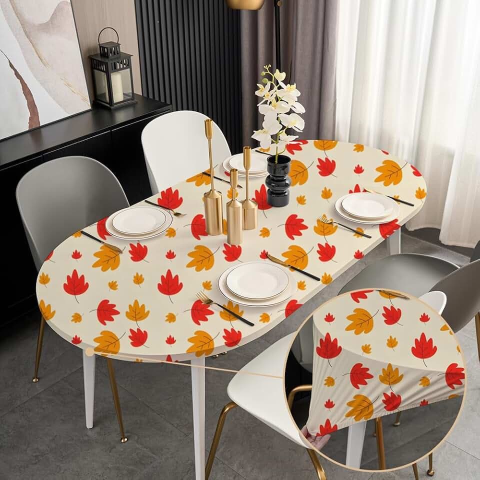 Fall Fitted Oval Table Cloth with Elastic 48x68 Inch Light Yellow Tablecloth Spandex Stretchy Fabric Dining Table Cover for Outdoor Party Wrinkle Free Non Slip Cute Autumn Leaves