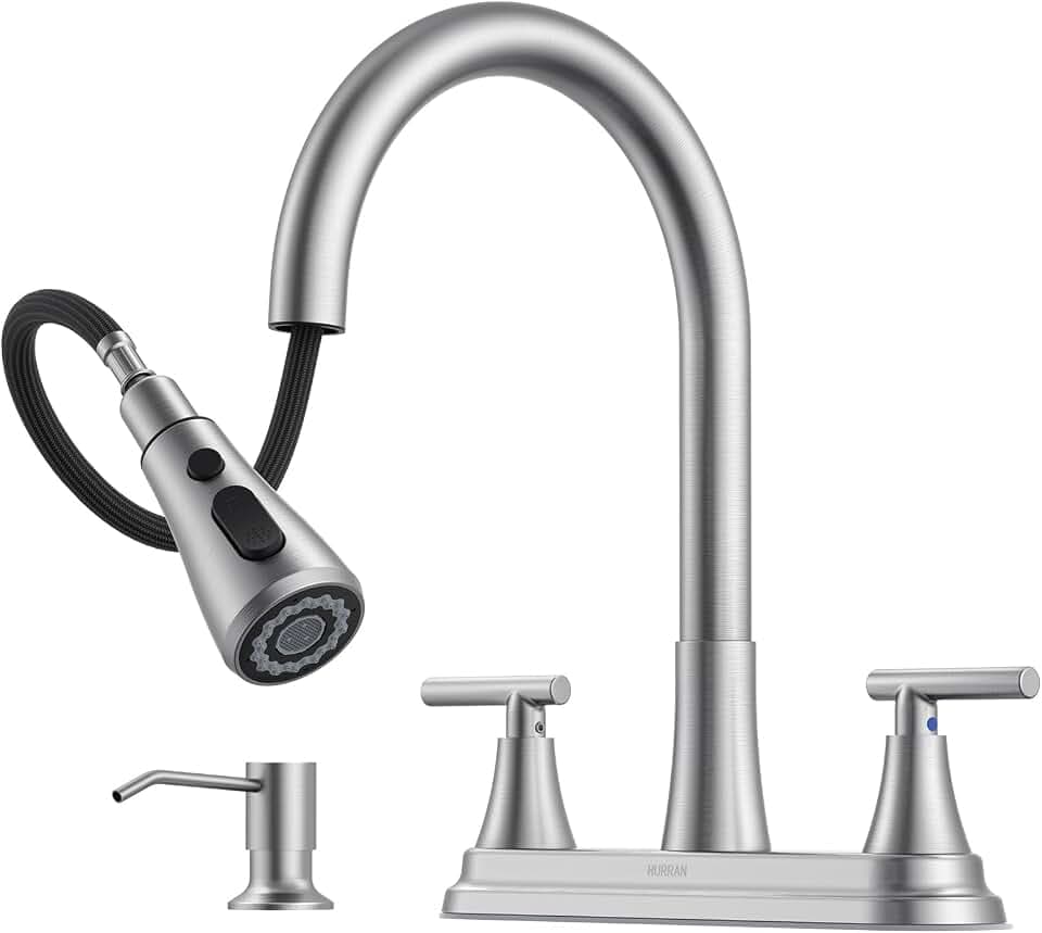 Hurran 8" 2-Handle Pull Down Kitchen Faucet & Soap Dispenser Brushed Nickel