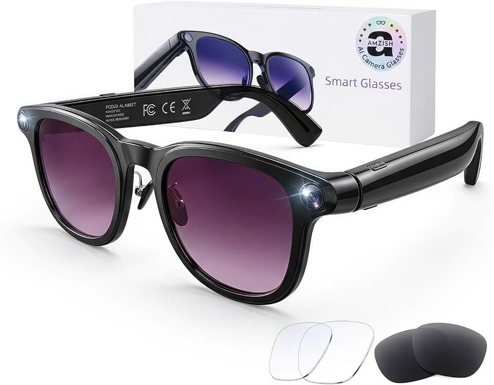 AI Smart Glasses with Camera, 8MP HD Bluetooth Camera Glasses, 1080P Video Recording Sunglasses for Women Men, Real Time Translation, Voice Assistant, Open Earbuds for Travel, Work Vlog (3 lenses)