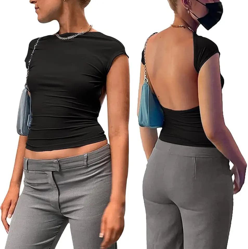 Shirts Damen Sommer Rückenfrei Kurzarm Tshirt Basic T Shirt Crop Top Rundhals Oberteile Casual Shirt Kurzarm Tops Slim Fit Bauchfrei Bluse