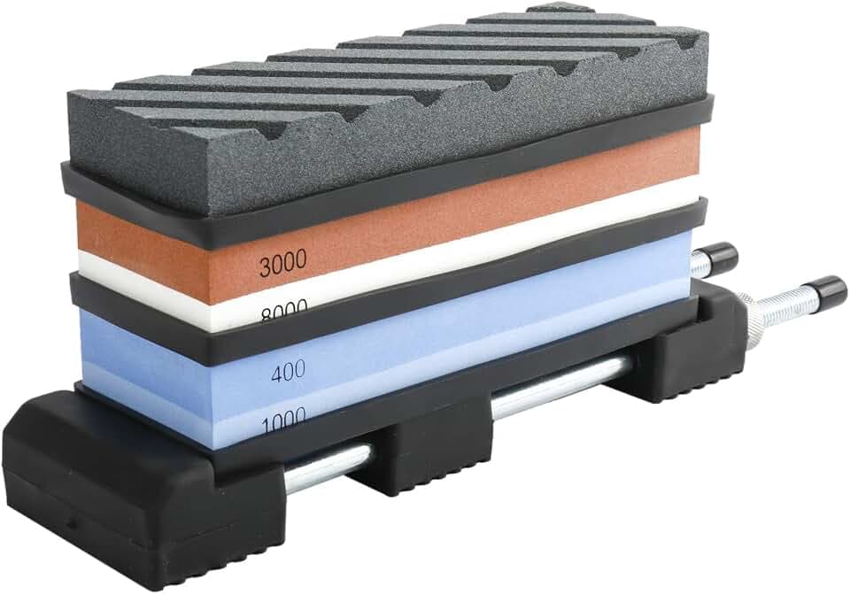 Knife Sharpening Stone Kit,2 in 1 Grit 400/1000 3000/8000 Waterstone, Knife Water Stone with Non-Slip Rubber Base Holder and Stainless Steel Holder & Flattening Stone