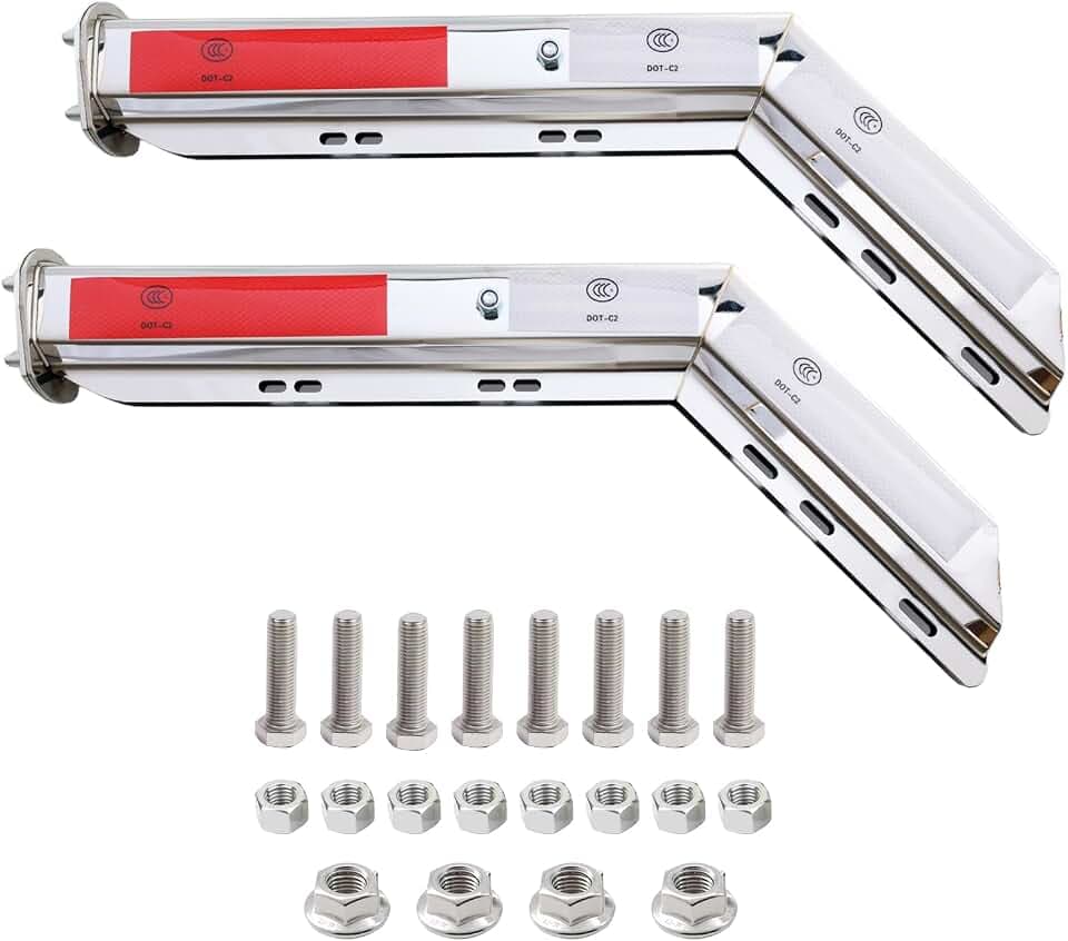 Pair Angled Mud Flap Hanger Bracket for Semi Truck, 30’’ Length 2-1/2" Bolt Spacing, Heavy-Duty Spring-Loaded Hangers Chrome-Plated Equipped with Reflective Strip Sticker