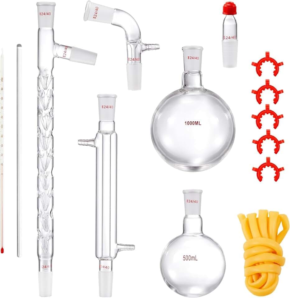 VEVOR Laboratory Distillation Set, 3.3 Borosilicate Glass Equipment with 24/40 Joint, 1000ml Capacity for Essential Oil Extraction, 14-Piece Glassware Kit