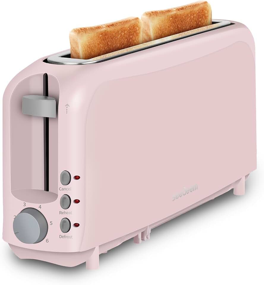 SEEDEEM 2 Slice Slim Toaster, 10" Long Slot, 6 Shade Settings, Pink