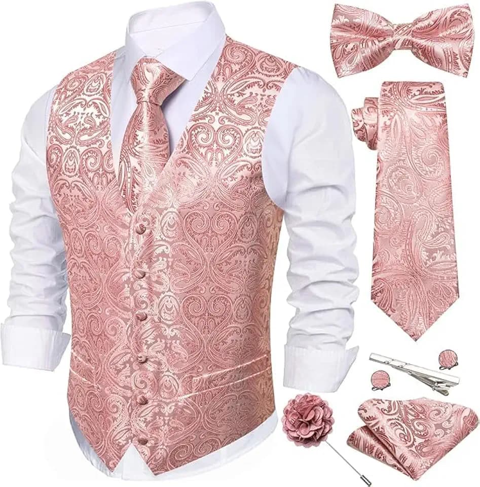 Barry.Wang Herren-Weste, Paisleymuster, Jacquard, Seide, V-Ausschnitt, 7-teiliges Anzug-Set – formelle Weste mit Krawatte, Fliege, Einstecktuch für Hochzeit, Business