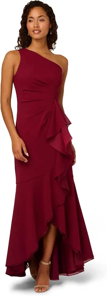 Adrianna Papell Women's Crepe One Shoulder Ruffle Gown