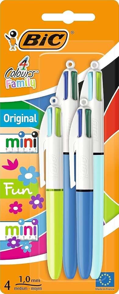 Bic 4 Farben Family Pen Packung Druckkugelschreiber mit vier Tintenfarben, 4er Set (2 Mini, 2 Original)