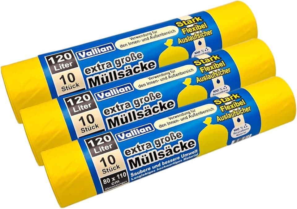 Extra Große GELBE Müllsäcke 120 Liter - Abmessungen 80 x 110 cm - 10 Beutel pro Rolle - reißfest, stark und flexibel - Packung mit 3 Rollen (30 Müllbeutel)