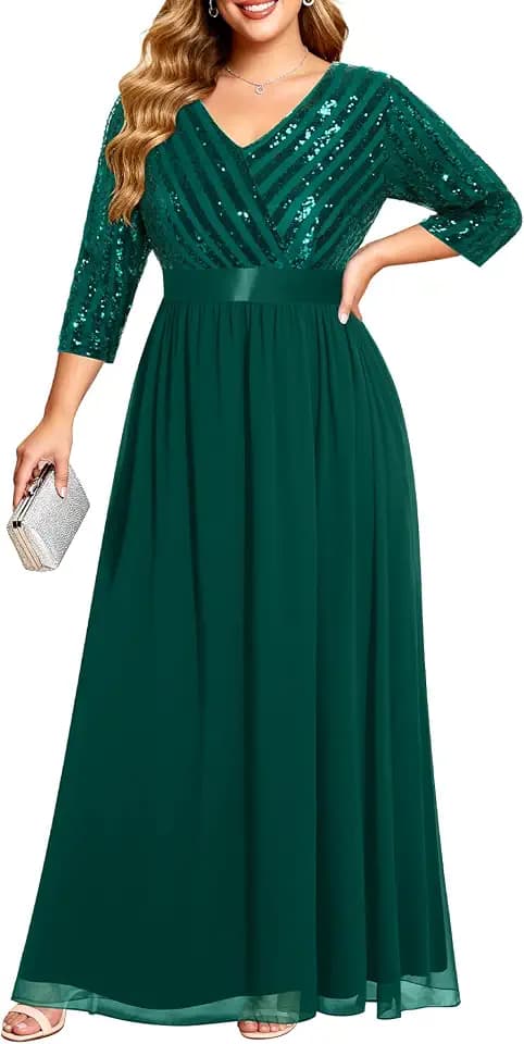 Plus Size Formal Dresses V Neck 3/4 Sleeve Sequin Prom Evening Maxi Dress