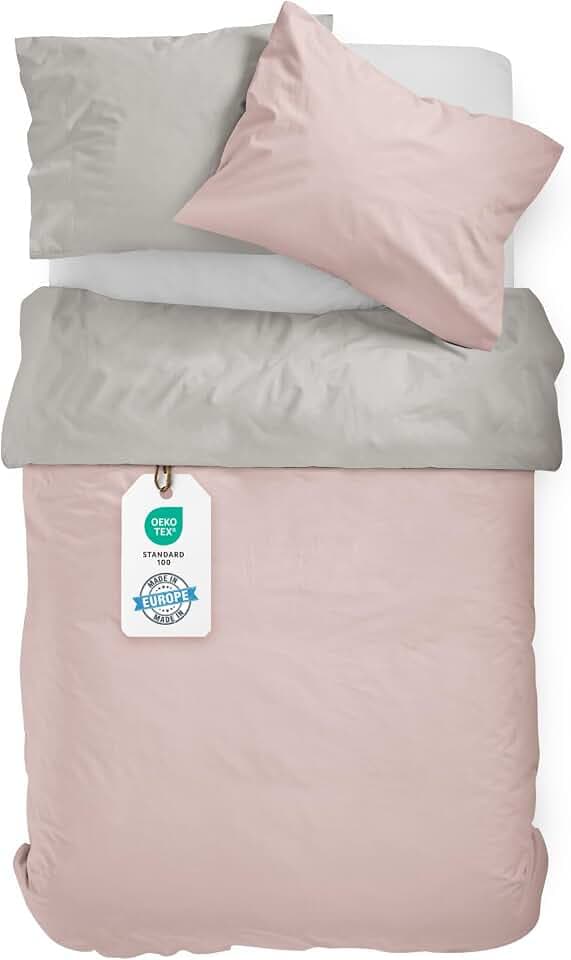 BLUE MOON Premium Mako-Satin Bettwäsche 200x220 cm Satin 100% Baumwolle Wendebettwäsche - Made in EU - 1x Bettbezug 200x220 cm (Silber/rosé, 200 x 220cm)