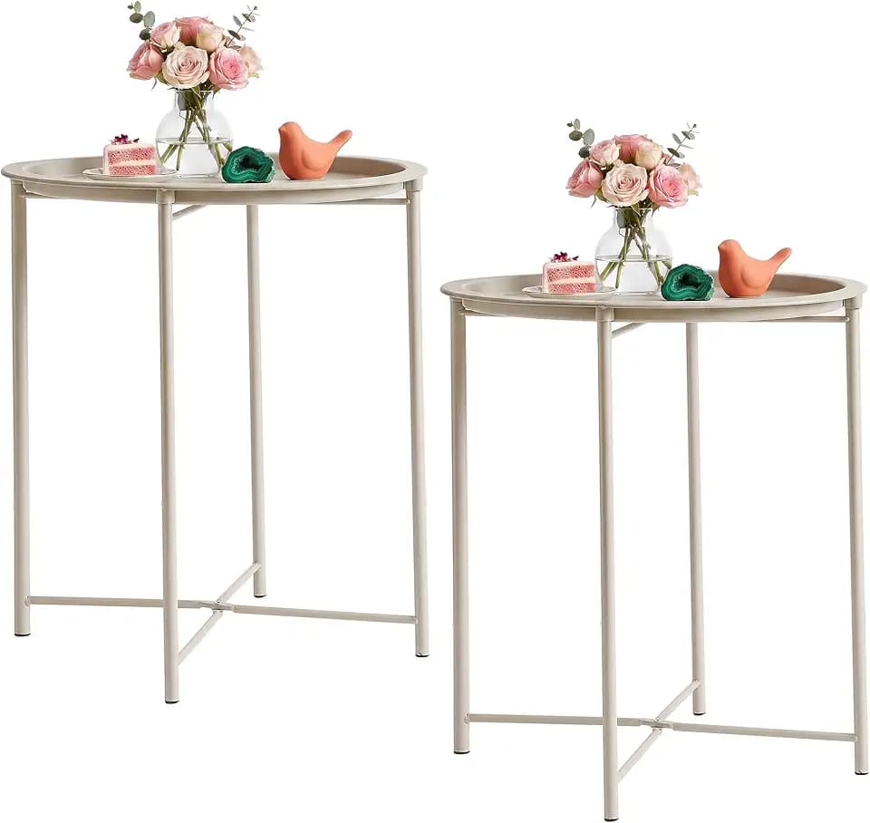 VECELO Side/End Table, Folding Round Metal Anti-Rust and Waterproof Outdoor or Indoor Tray for Living Room Bedroom Balcony and Office, 2 PCS, Grey