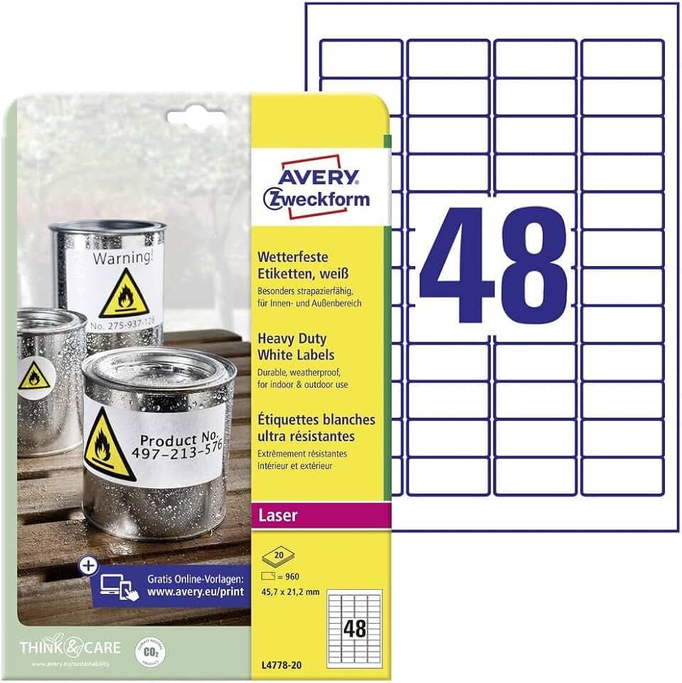 AVERY Zweckform L4778-20 Wetterfeste Etiketten, wasserfest, 45,7x21,2mm | 960 Aufkleber, Folienetiketten, Outdoor Klebefolie, extrem stark selbstklebend, strapazierfähig, 20 Blatt, weiß