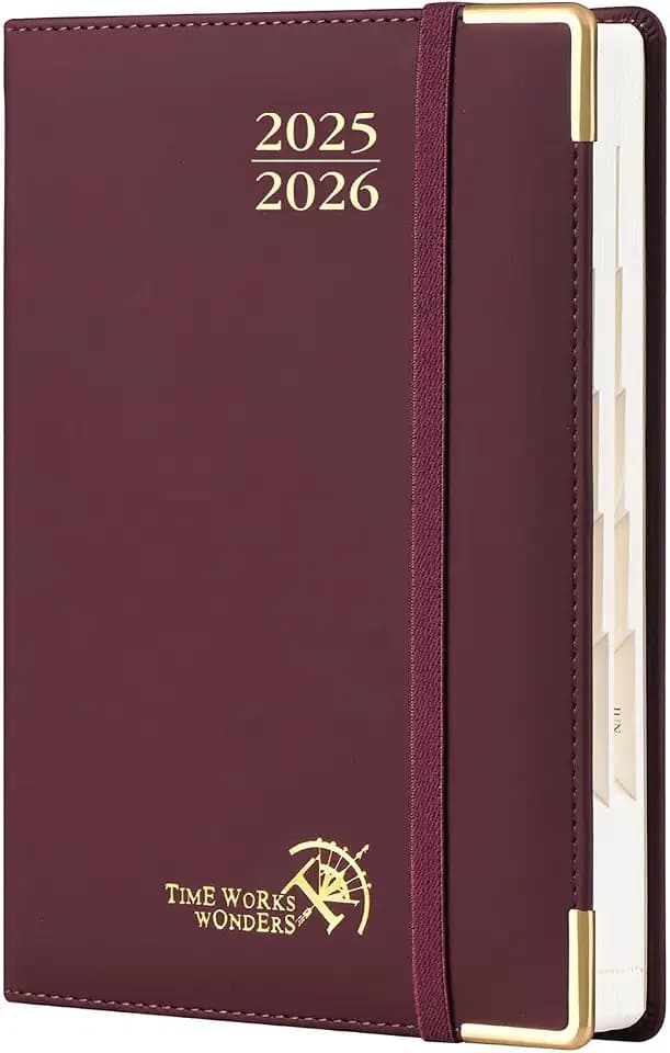 POPRUN Tagesplaner 2025 2026 A5 Hardcover 21,5 x 14,5 cm (Aug.2025-Jul.2026), Tageskalender 1 Tag 1 Seite (Montag - Sonntag) mit PU-Leder, Monatliche Registerkarten - Weinrot