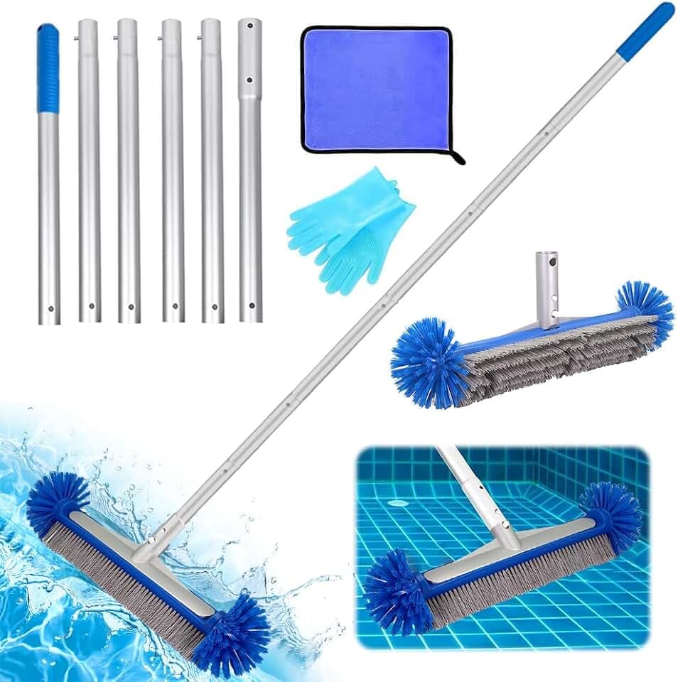 Poolbürste mit Runden Enden,43CM Pool Reinigungsbürste mit Längenverstellbarer Aluminiumstange und Erstärkter Metall Rückseite,Reinigungsbürste für Pool,Robuuste Borstel(Blau)
