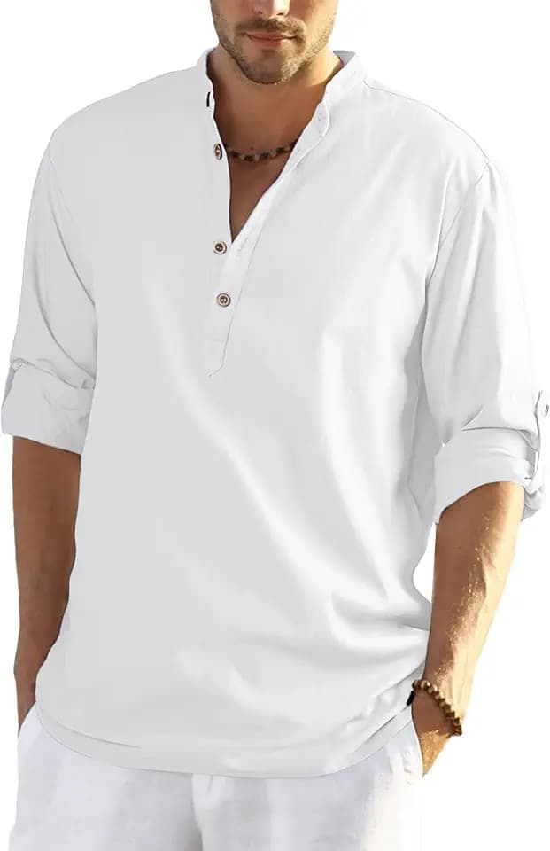 YAOHUOLE Herren Leinenhemd Henley Leinenhemd Herren Herrenhemden Langarm Ohne Kragen Freizeithemden Für Herren