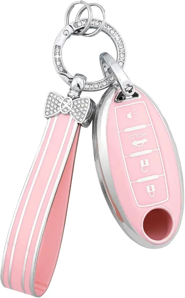 PIFOOG Key Fob Cover for Nissan 4 Button Pink Bling Keychain Girly Car Keys Case Shell Full Covers Protector Accessories for Altima Sentra Kicks Armada Murano Rogue Pathfinder Versa Titan Women TPU