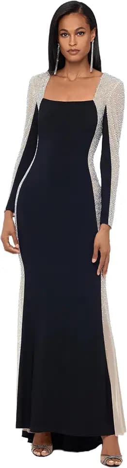 Xscape Women's Long Sleeve Evening Gown with Caviar Beaded Mesh Sleeves, Illusion Side Panels, Sheath Formal Dress
