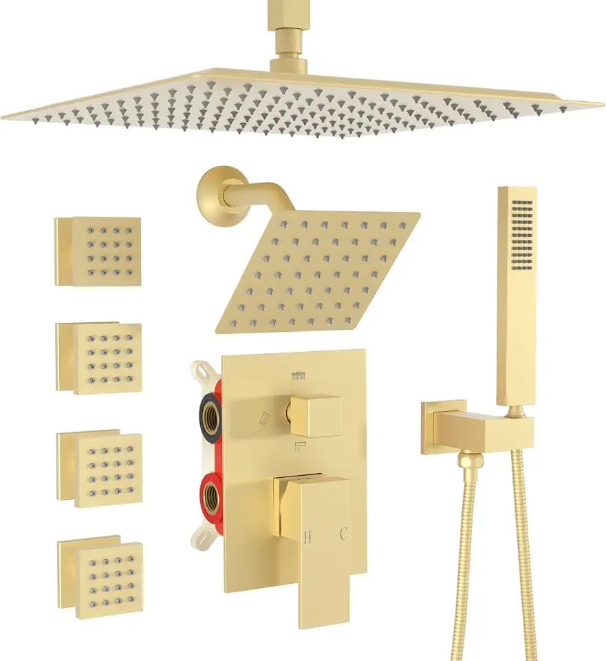 Enga Dual Shower Head Shower System with Body Jets, 12" Ceiling Mounted Rain Shower Head & 6" Wall Mounted Head Full Body Rainfall Shower Faucet with Valve Kit, Brushed Gold