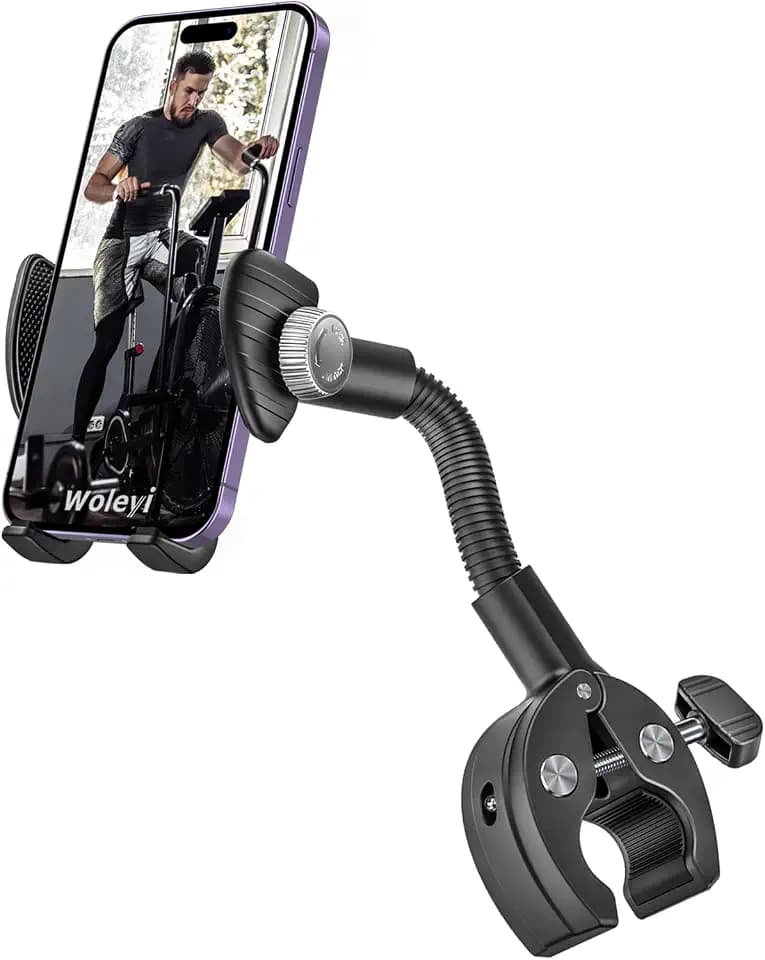 Gooseneck Spin Bike Phone Holder, Cell Phone Mount Exercise Bike Handlebar Clamp for Stationary Bicycle, Treadmill, Microphone Stand, for iPhone Air 17 Pro Max 16 15 14 13 12, S25, 4.7-7" Smartphones