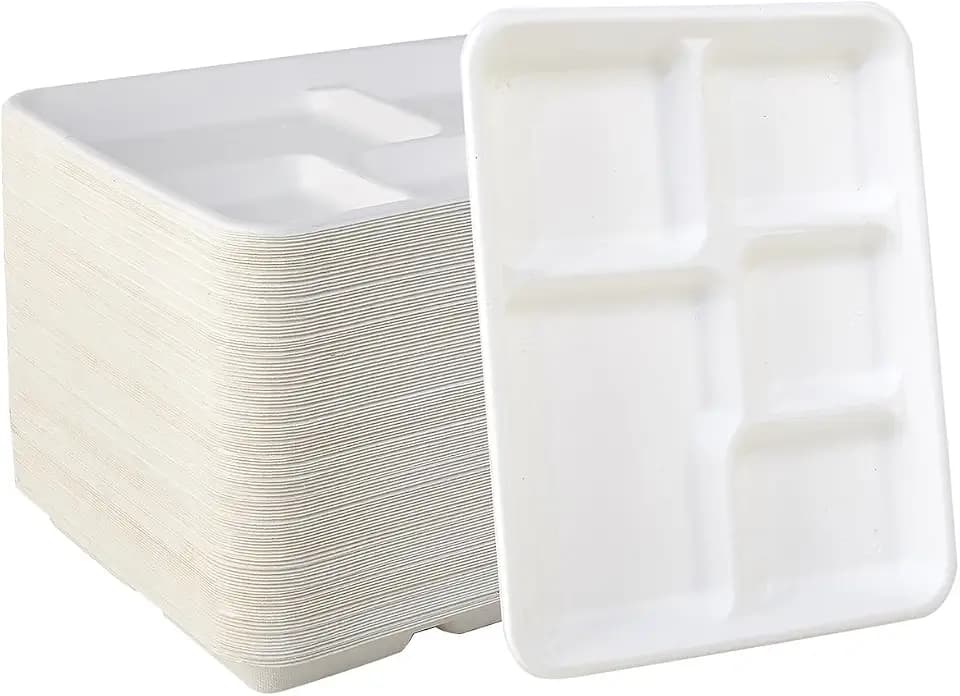 Vplus 125 Pack 5 Compartment Plates, Compostable Plate, 10.2x8.5 inch
