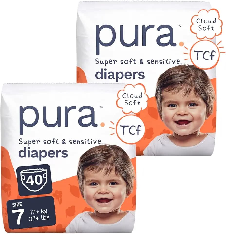 Pura Baby Diapers Size 7 (37+ lbs) 40 Count Sensitive Skin