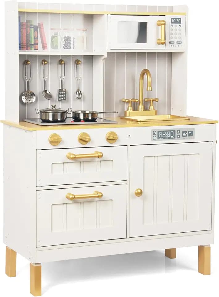 Rosa Hölzerne Kinderküche, Kinderspielküche mit Spüle Herd Backofen, Holzküche Spielzeugküche, Spielküche aus Holz mit Zubehör für Kinder ab 3 Jahren (Golden)