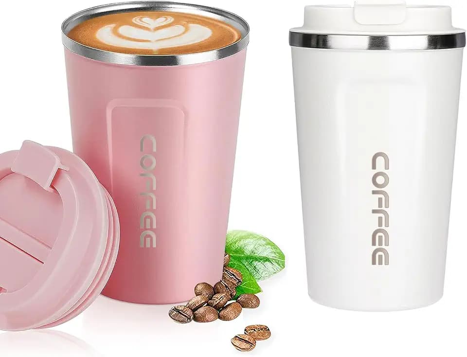 ERBO Kaffeebecher to go, Thermobecher Edelsthal Kaffeetasse | Auslaufsicher Kaffeebecher mit Deckel, 380ml Coffee to go Becher, Thermobecher für Unterwegs Umweltfreundlich, (Weiß + Rosa)