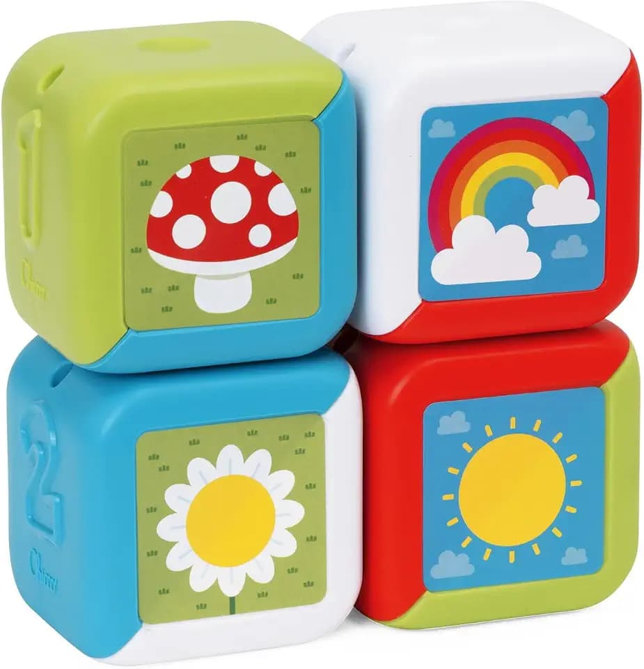 Chicco 2in1 Multiaktivitäts-Würfel, Set mit 4 farbigen Tierblöcken, stapelbar für sensorischen Spaß, manuelle und logische Aktivitäten, Spielzeug für Kinder, 10-36 Monate