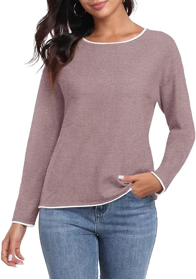 PrinStory Strickpullover Damen Rundhal Pullover Mit Kontrastierenden Farben Langen Ärmeln Sweatshirts Weiche Sweater Lässige Winterpullover