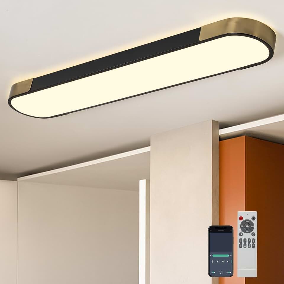 Qcyuui 4.59FT LED Flush Mount Kitchen Light Fixtures 65W Dimmable Flush Mount Ceiling Light Fixture Black and Gold Led Ceiling Light Linear LED Ceiling Lamp for Laundry Shop Garage Office