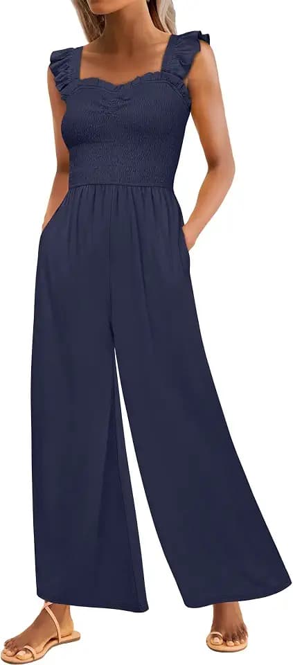 Caracilia Womens Jumpsuit Sleeveless Casual Dressy Smocked Wide Leg Rompers Summer Vacation Jumpers with Pockets 2026 Outfits