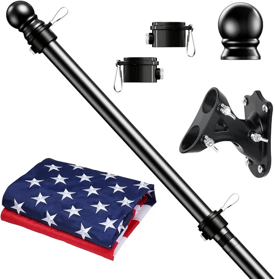 5 FT Flag Pole Kit with 3x5 American Flag, Tangle Free Spinning Weather Resistant Rustproof Stainless Steel Flagpole with Base for 1" Dia Flag Pole Holder for Outside House, Wall (Black)